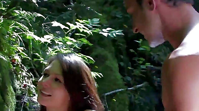 When she masturbates in the forest she gets caught by two guys who fuck her