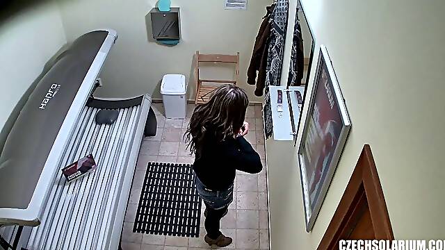 Teen Girl Touching her Pussy in Public Solarium