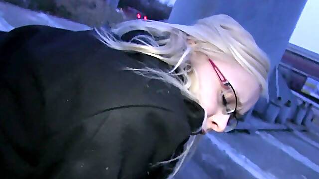 Nerdy babe Emily Sweet gives head and fucks in public