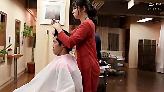 Sweet Japanese hairdresser having wild sex with a customer