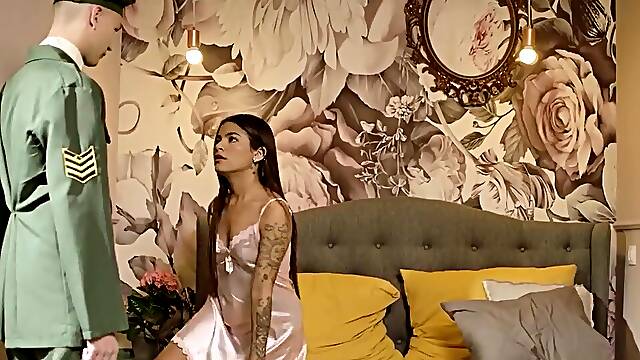 Brunette gets fucked by a dude who got back from the war