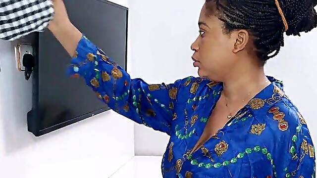 Husband caught fucking maid while cleaning the sitting room