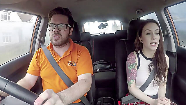 Young seduction: pierced redhead student bangs her instructor in car while driving
