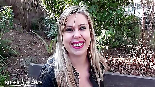 Slutty, French blonde with red lips is about to have casual sex with a handsome stranger