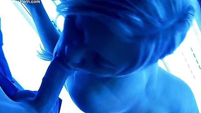 Pretty blonde is sucking dick and masturbating every time she goes to a solarium
