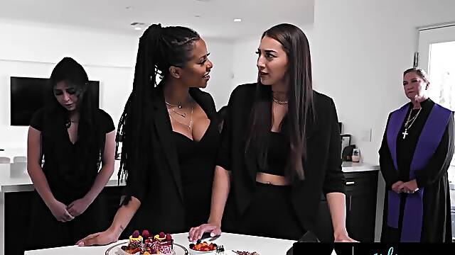 GIRLSWAY - Perverse Kira Noir Shamelessly Hard Fucks Bella Rolland In Front Of Everyone At A Funeral