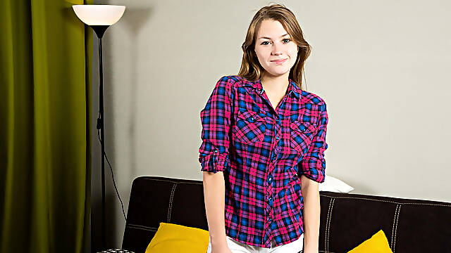 Passionate brunette strokes mouth and pussy with toy until orgasm