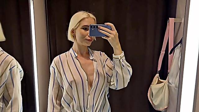 Large Breasts in the Dressing Room. Try On Hot Watch-Throughout Outfit