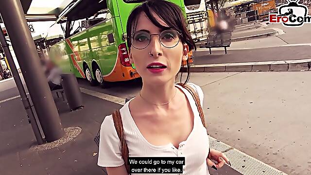 German Skinny student teen pickup at public bus station for risky sex