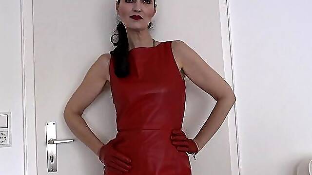Red Leather Dress and Red Gloves JOI
