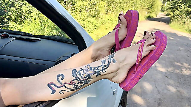 Pink Flip Flops on My Pretty Feet with Long Toes in Outdoor, on the Road, Grass, in the Car, Red Toenails Polish
